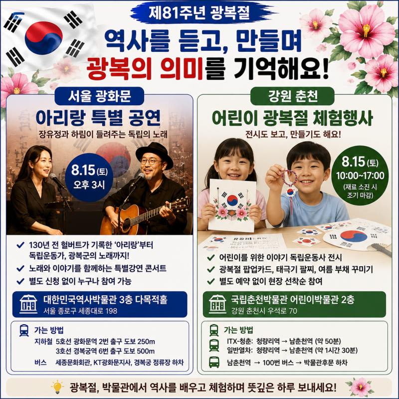 광복절 어디 갈까? 광화문에서는 ‘아리랑’, 춘천에서는 ‘태극기 만들기’