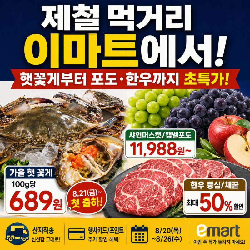 이마트·홈플러스·롯데마트 이번 주 먹거리 할인 총정리｜가을 햇꽃게 100g 689원부터 포도·삼겹살·달걀까지