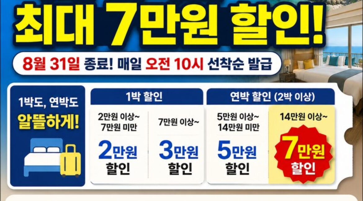 아직 신청 가능! 국내 숙박비 최대 7만원 할인, 8월 31일 종료
