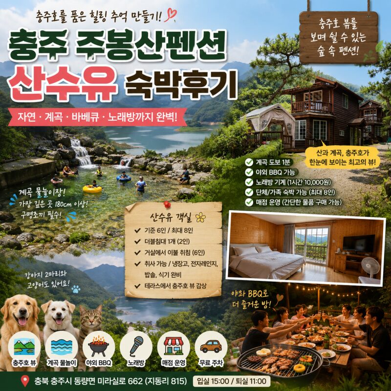 친구 8명이 떠난 충주호 여행｜주봉산펜션 ‘산수유’ 숙박 후기…계곡 물놀이부터 BBQ·노래방까지