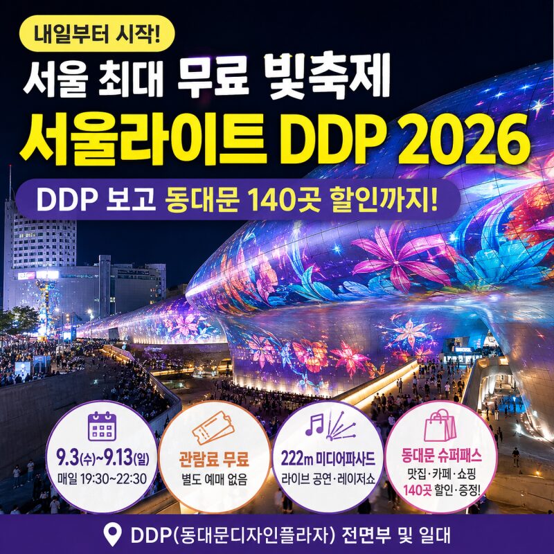 내일부터 무료! 서울라이트 DDP 2026…222m 빛축제 보고 동대문 140곳 할인까지 받는 방법