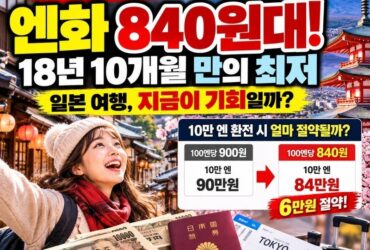 일본 여행 지금 환전해야 할까? 엔화 840원대 충격! 18년 10개월 만의 최저, 10만 엔 환전하면 6만 원 절약