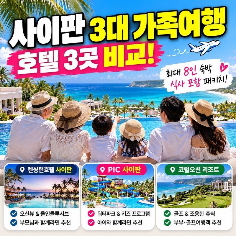 “사이판 가족여행, 8명까지 함께 간다?” 켄싱턴·PIC·코럴오션 3곳 비교! 숙박비·식사·워터파크 혜택 총정리